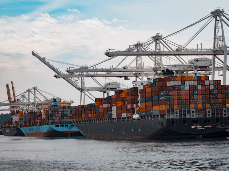 Container ship being loaded at a port