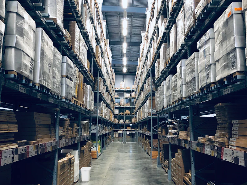 Tall warehouse aisle filled with packed boxes