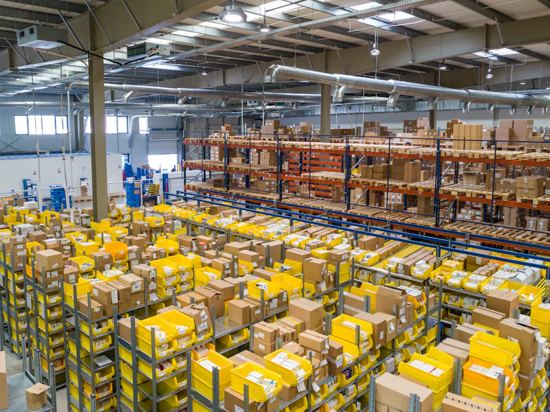 Large warehouse with rows of yellow boxes